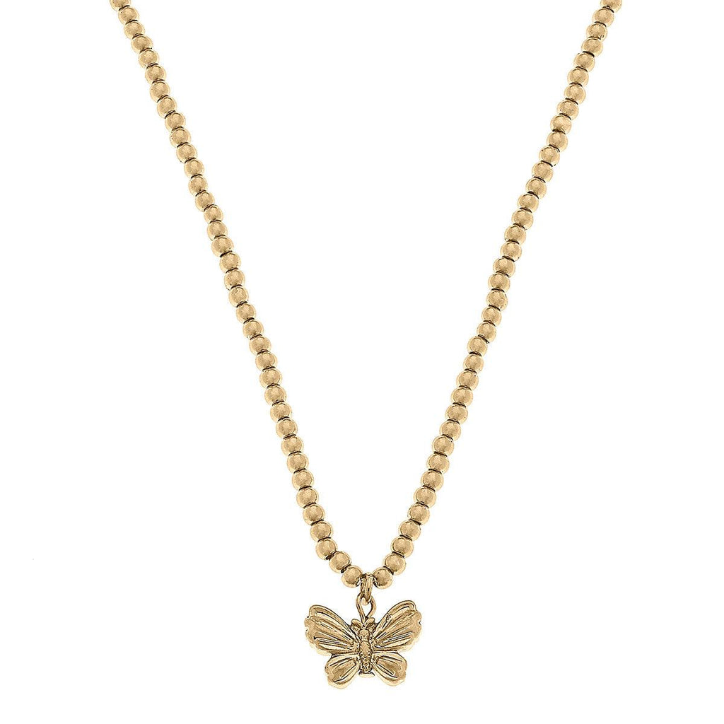 Kellyn Delicate Buttlefly Long Necklace in Worn Gold - Canvas Style