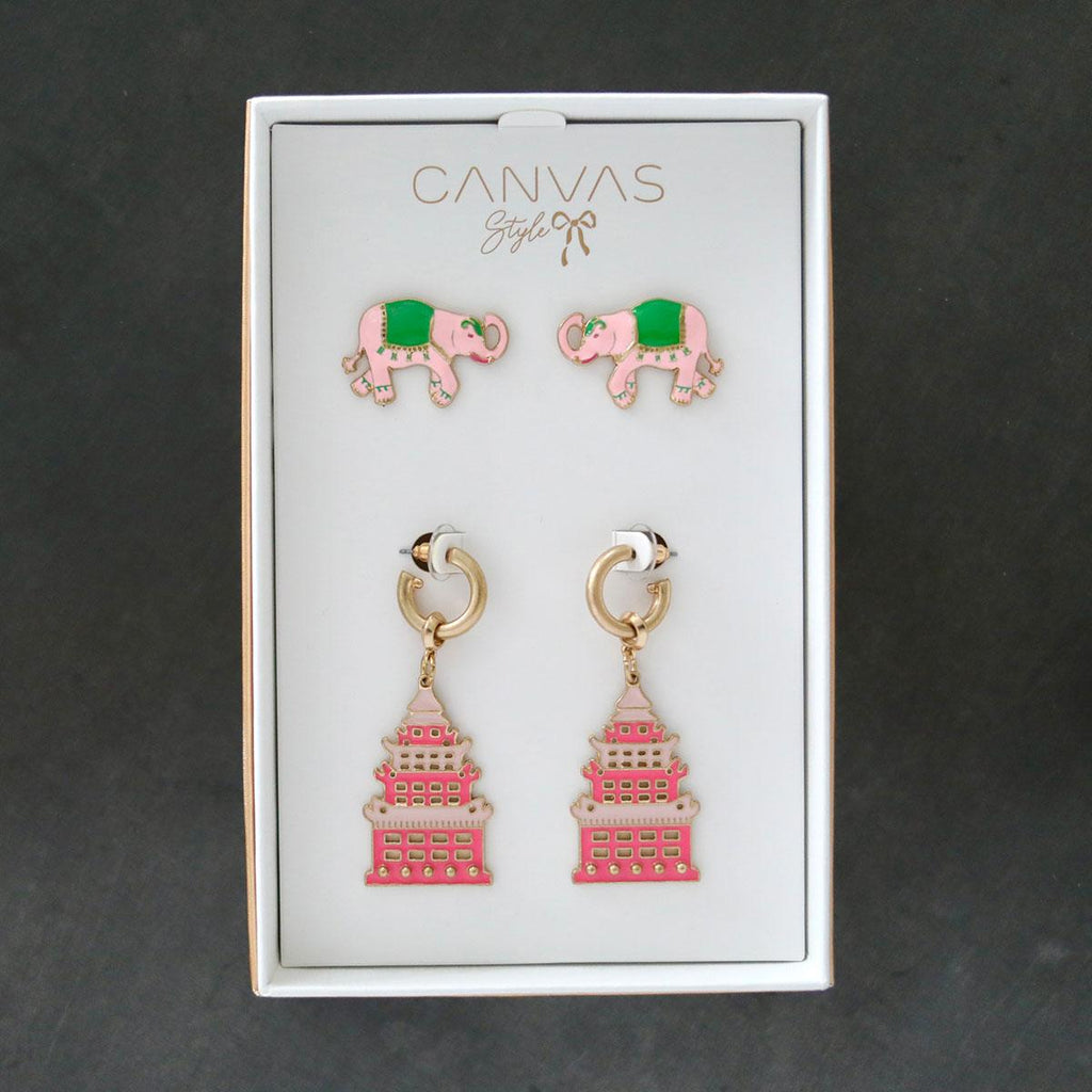 Livy Elephant Stud and Tiffany Enamel Pagoda Earring Set - Canvas Style