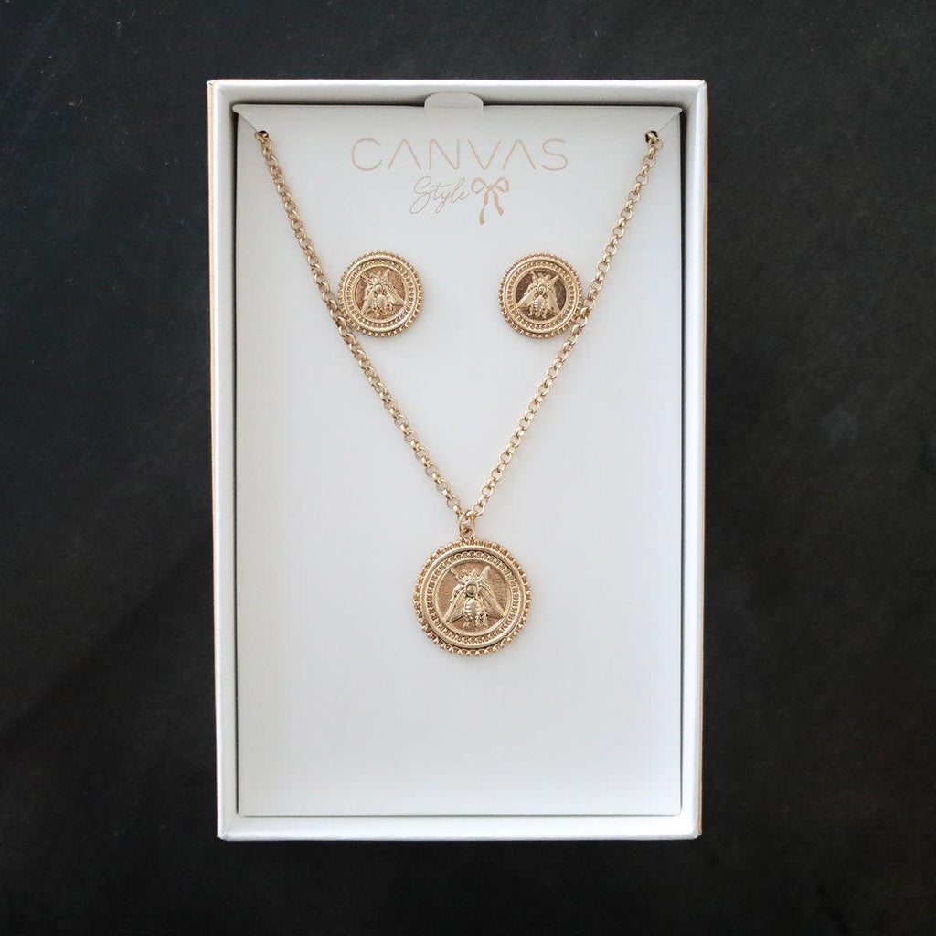 Lizette Bee Medallion Earring and Necklace Set in Worn Gold - Canvas Style