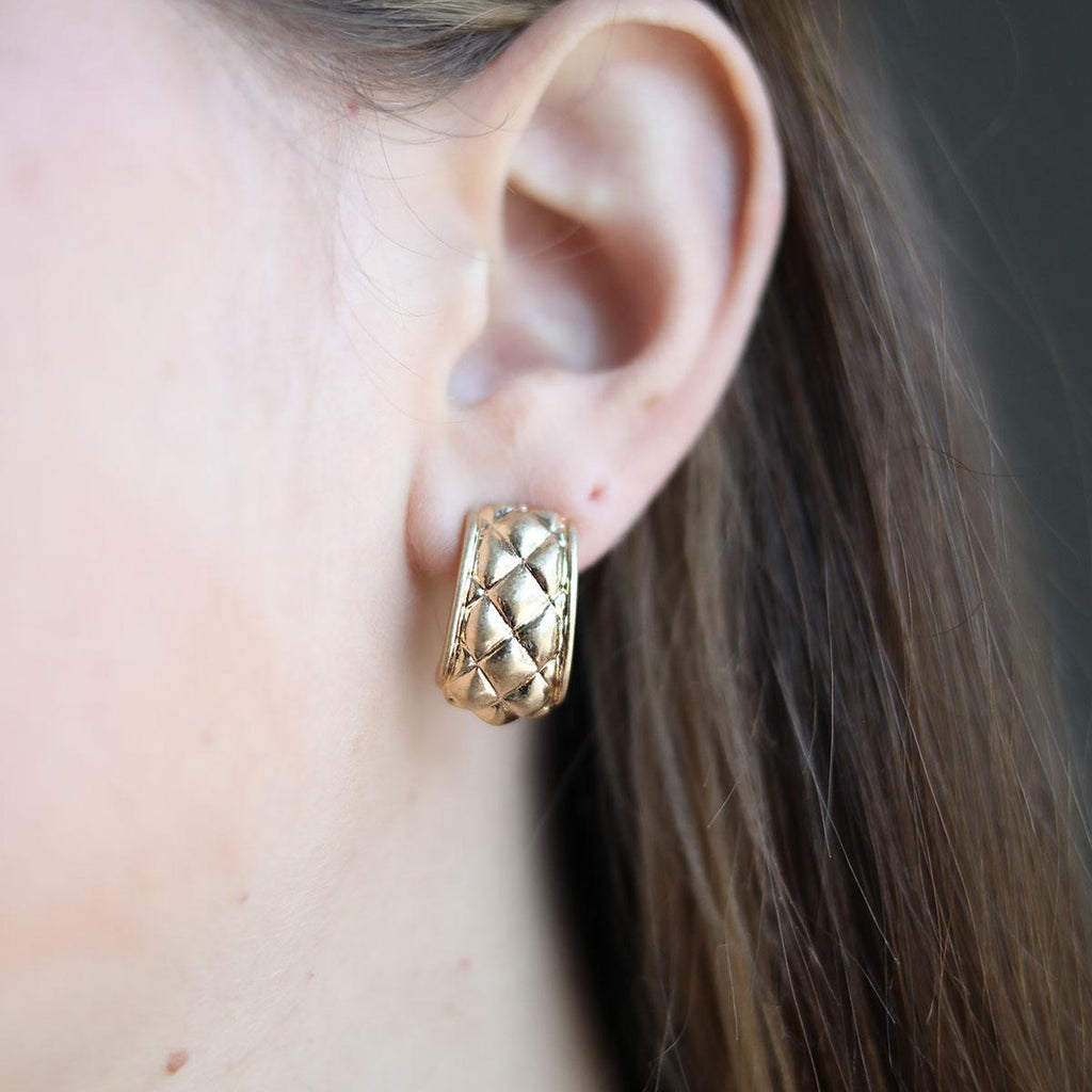Lotus Chunky Quilted Metal Hoop Earrings in Worn Gold - Canvas Style