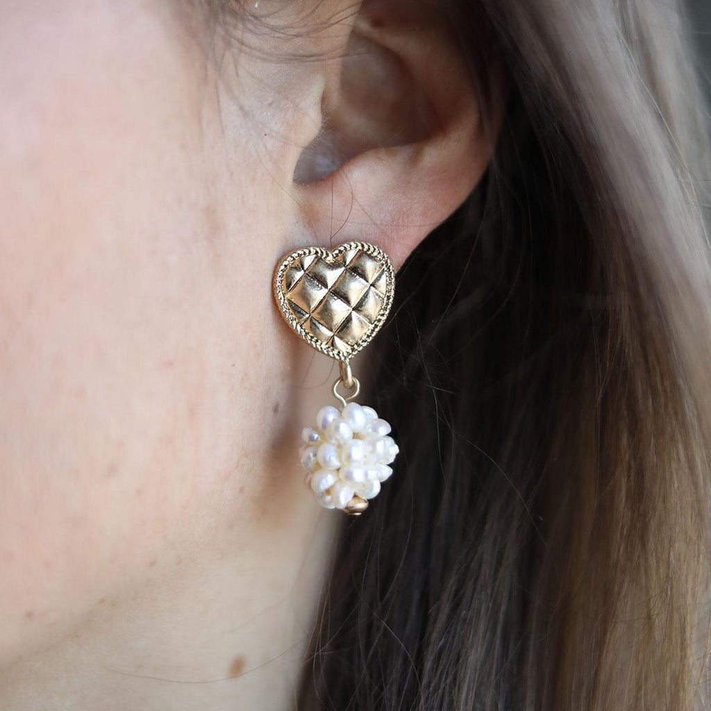 Lucinda Pearl Cluster & Quilted Metal Heart Drop Earrings in Worn Gold - Canvas Style