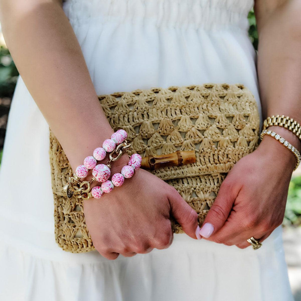 Marchesa Chinoiserie & Chunky Chain Bracelet in Pink & White - Canvas Style