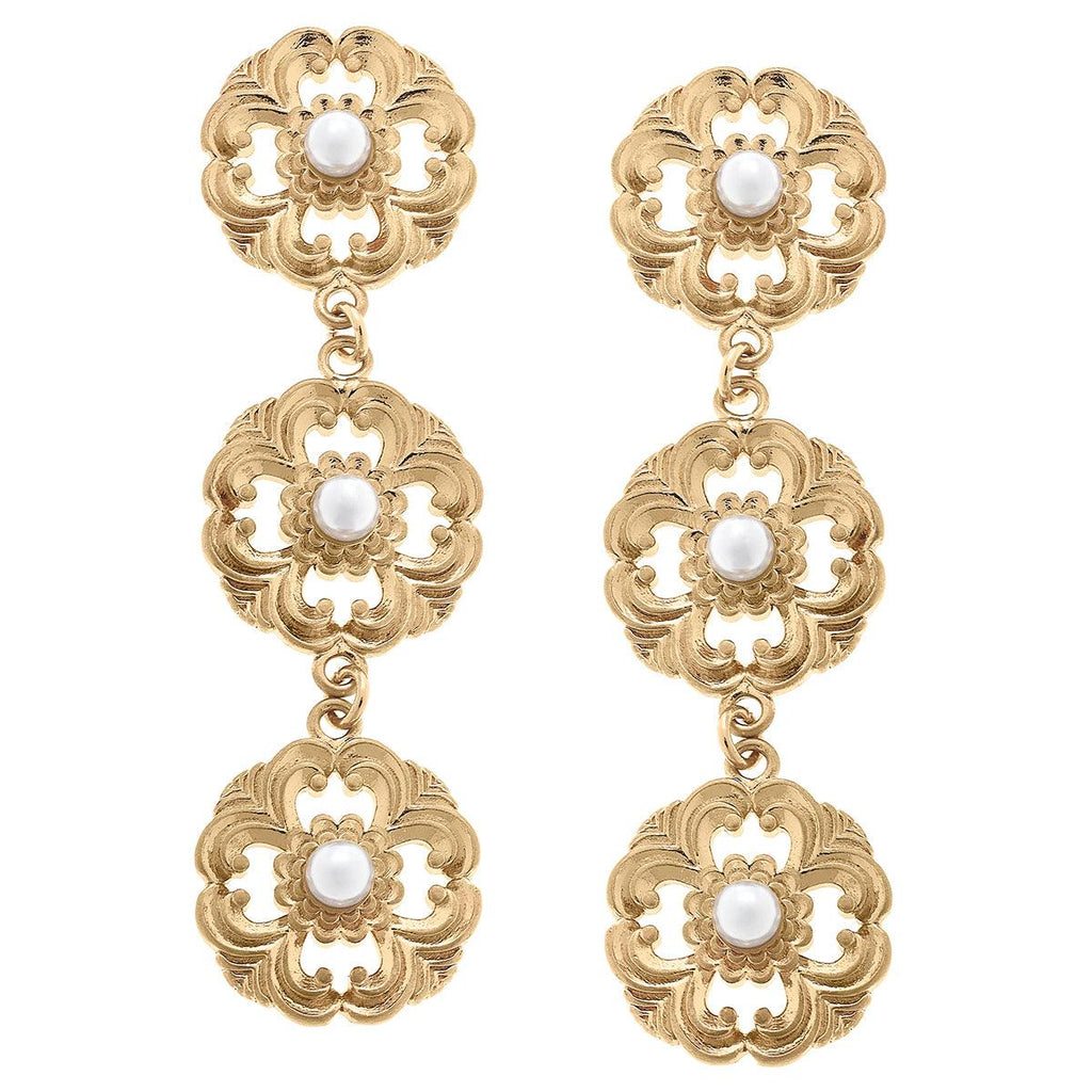 Marquette Acanthus & Pearl Triple Drop Earrings in Worn Gold - Canvas Style