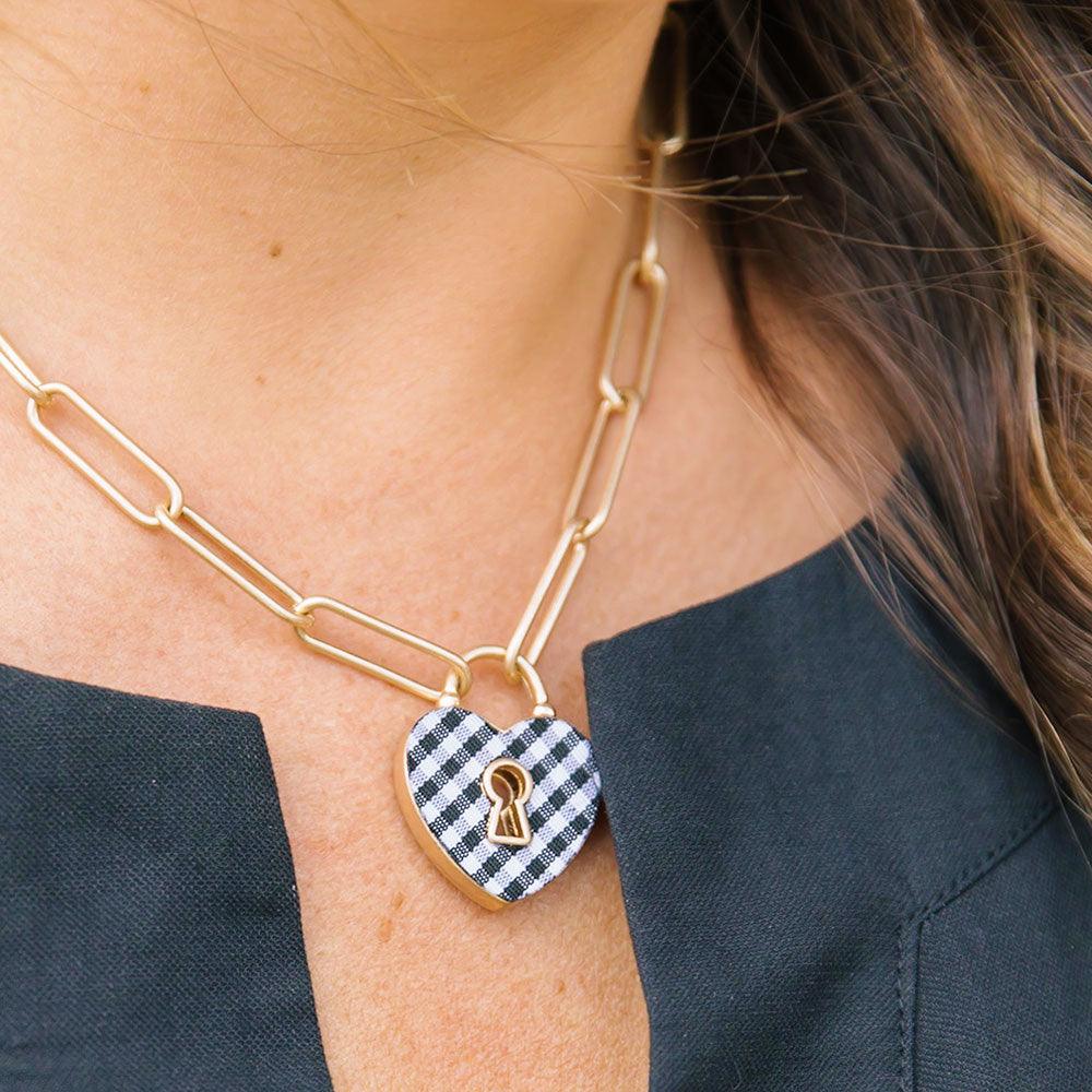 Monclér Gingham Heart Padlock Necklace in Black - Canvas Style