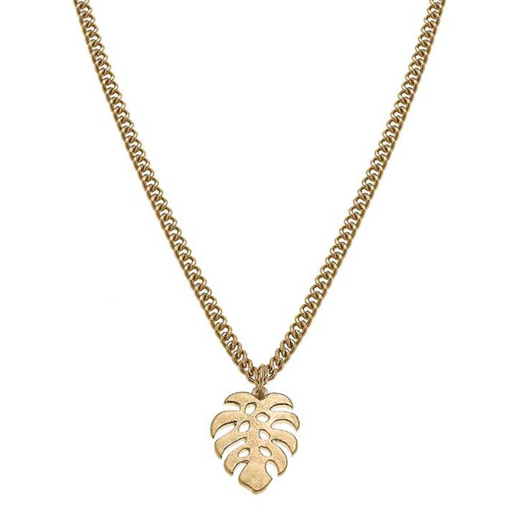 Monstera Leaf Charm Necklace in Worn Gold - Canvas Style