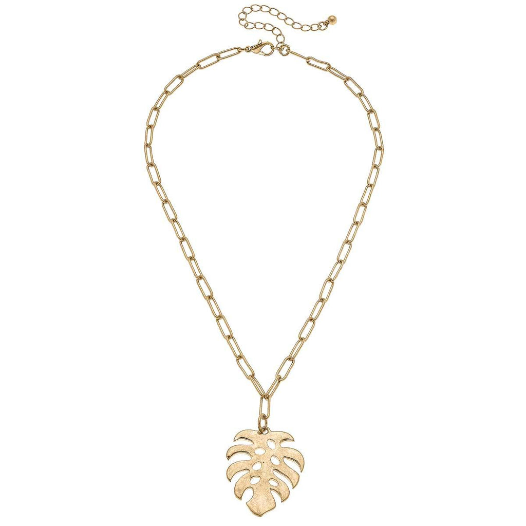 Monstera Leaf Pendant Necklace in Worn Gold - Canvas Style
