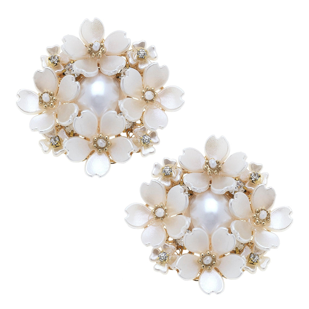 Nora Pearl Flower Stud Earrings in Ivory - Canvas Style