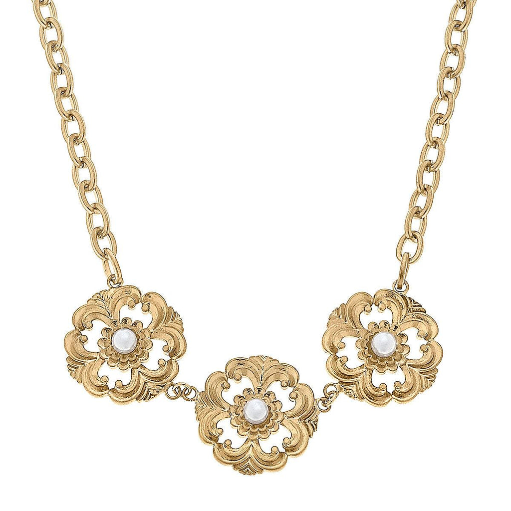 Orleans Linked Acanthus & Pearl Necklace in Worn Gold - Canvas Style