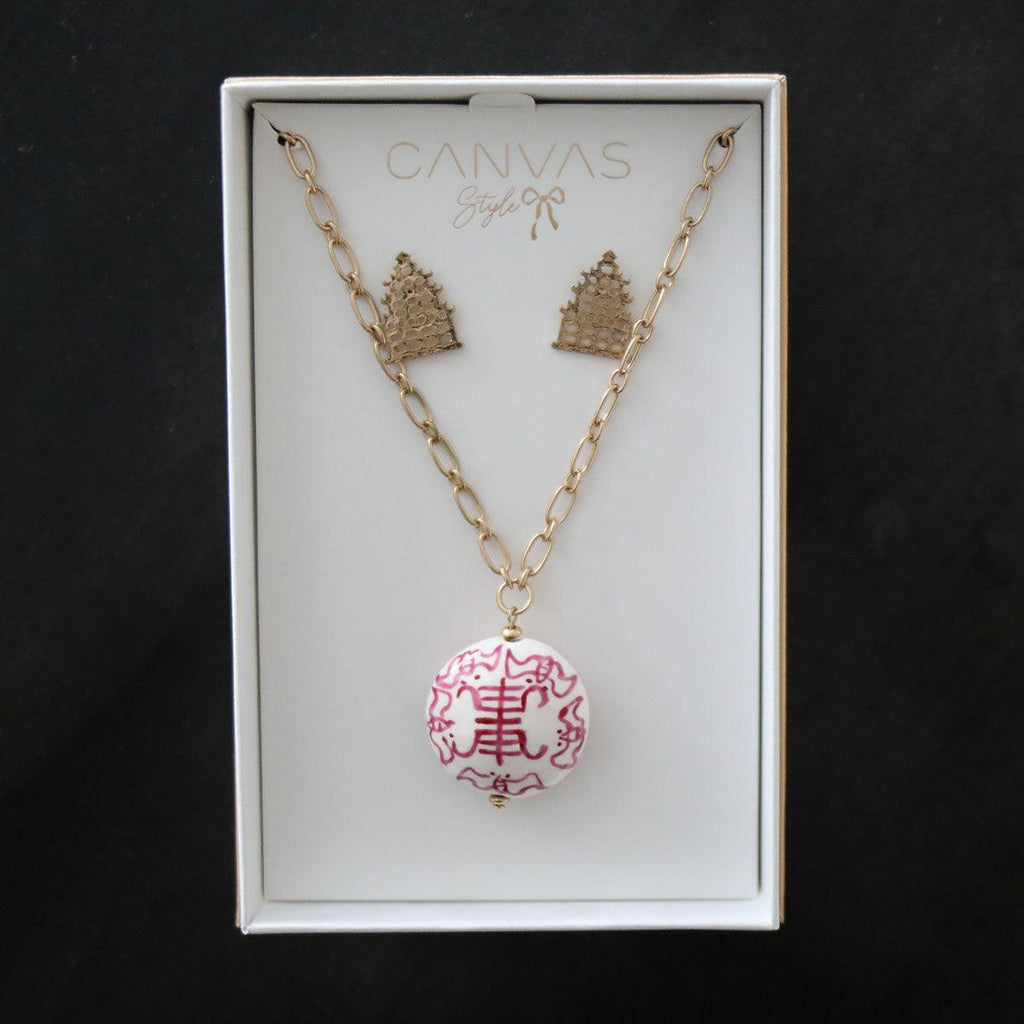 Pagoda Earring and Chinoiserie Necklace Set in Pink & White - Canvas Style