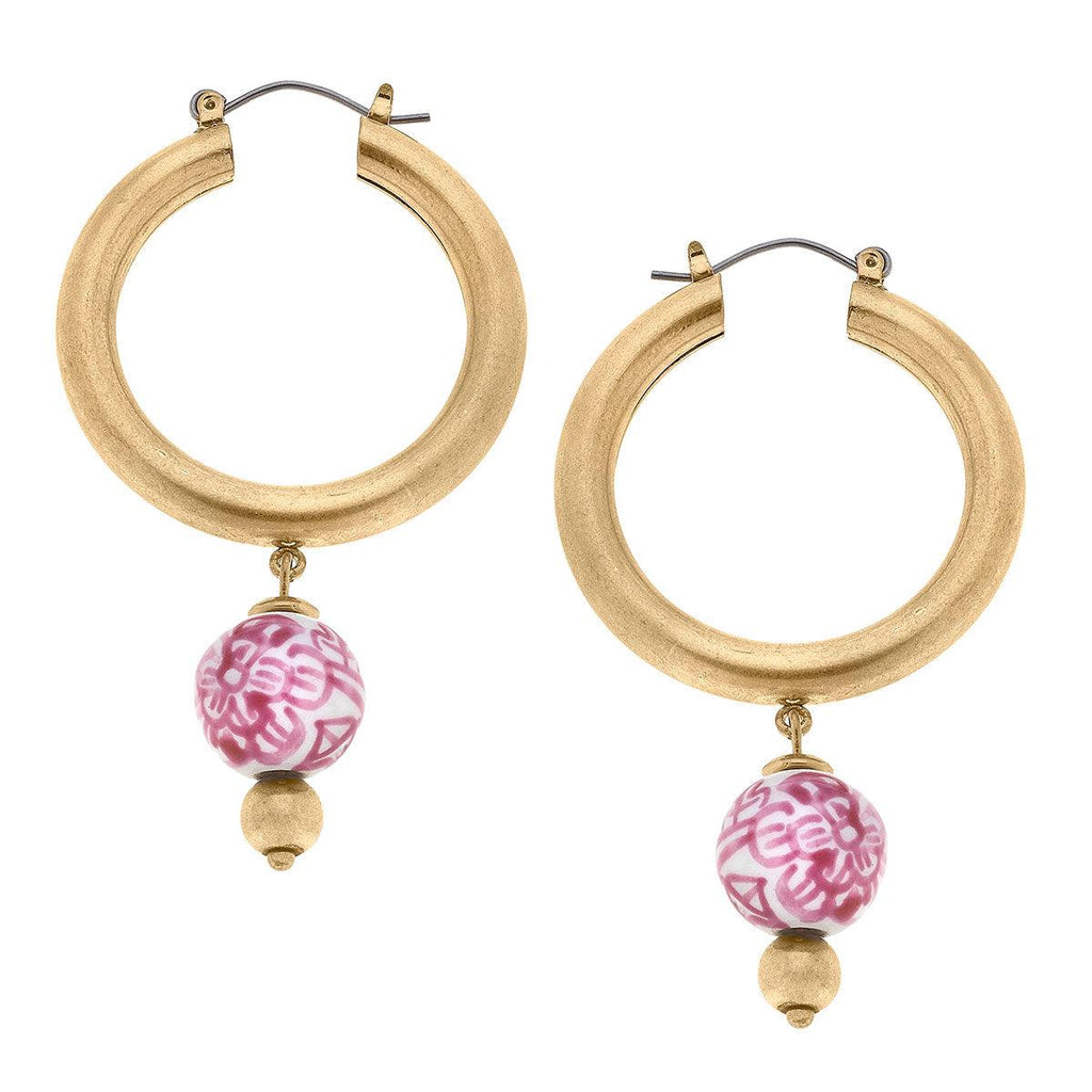 Paloma Chinoiserie Drop Hoop Earrings in Pink & White - Canvas Style