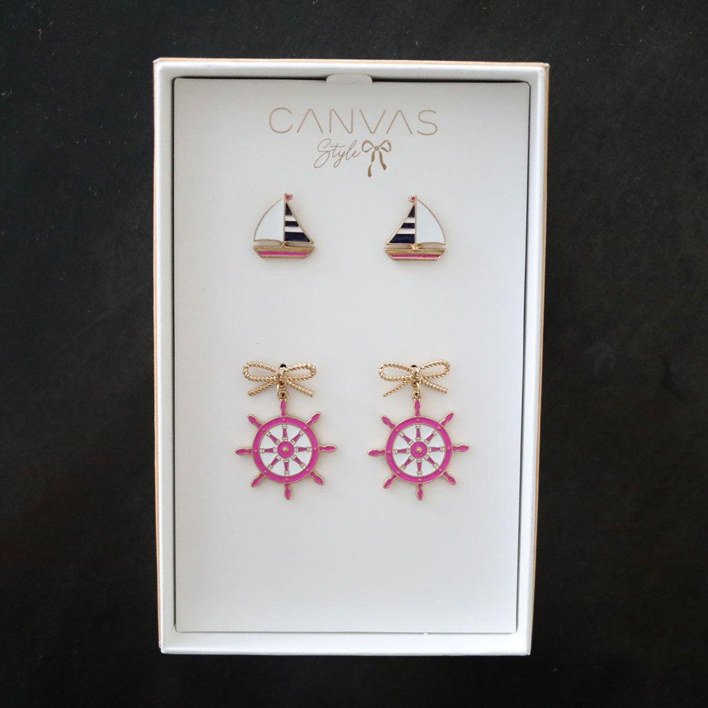 Penny Navy Sailboat Stud and Bobbie Pink Ship's Wheel Earring Set - Canvas Style