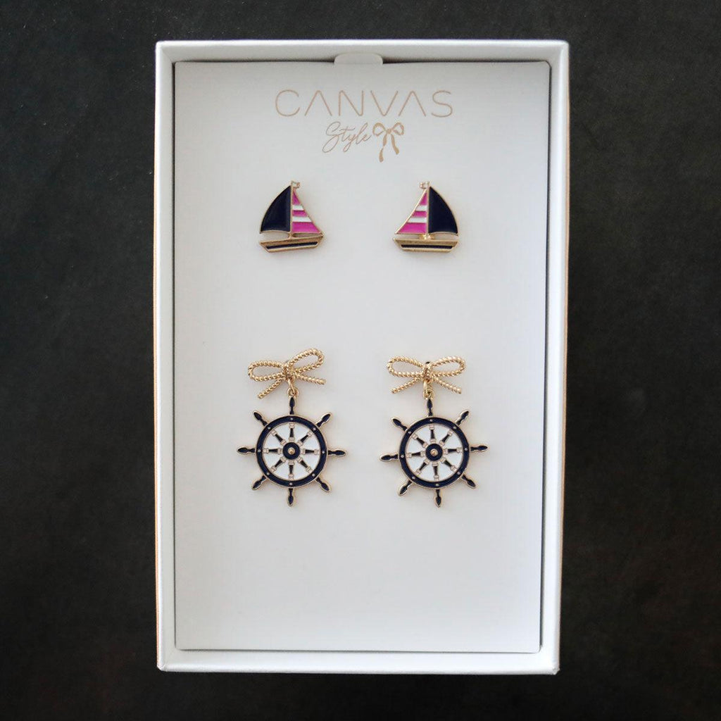 Penny Pink Sailboat Stud and Bobbie Navy Ship's Wheel Earring Set - Canvas Style