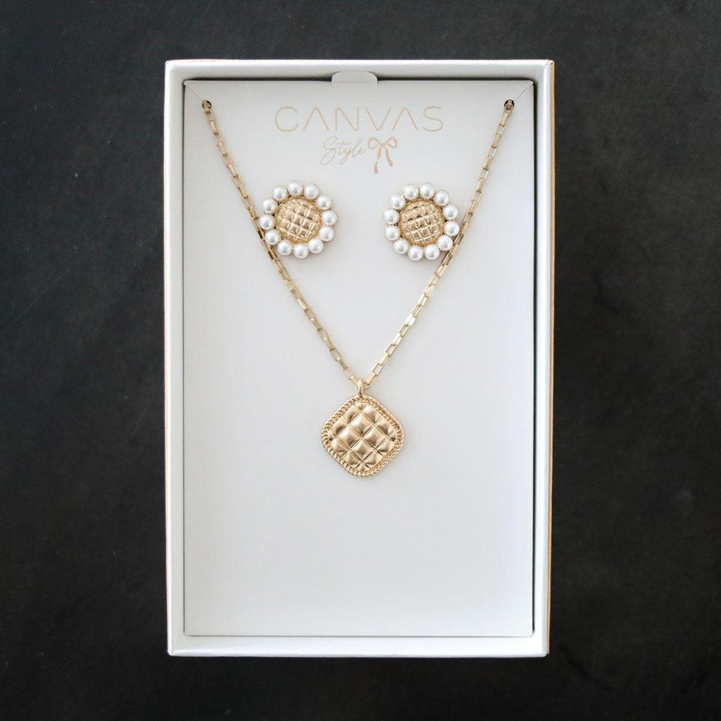Quilted Metal Earring and Necklace Set in Worn Gold - Canvas Style