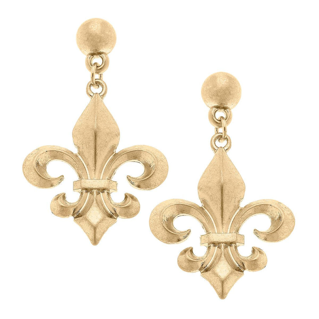 Robin Bourbon Fleur de Lis Drop Earrings in Worn Gold - Canvas Style