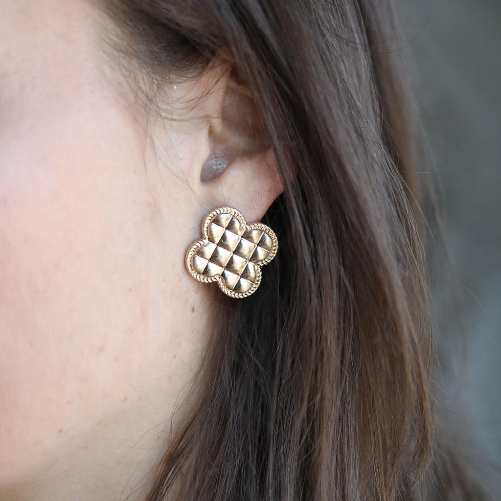 Rue Quilted Metal Clover Statement Stud Earrings in Worn Gold - Canvas Style