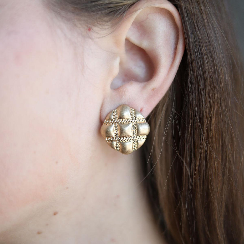 Sunnie Quilted Metal Statement Stud Earrings in Worn Gold - Canvas Style