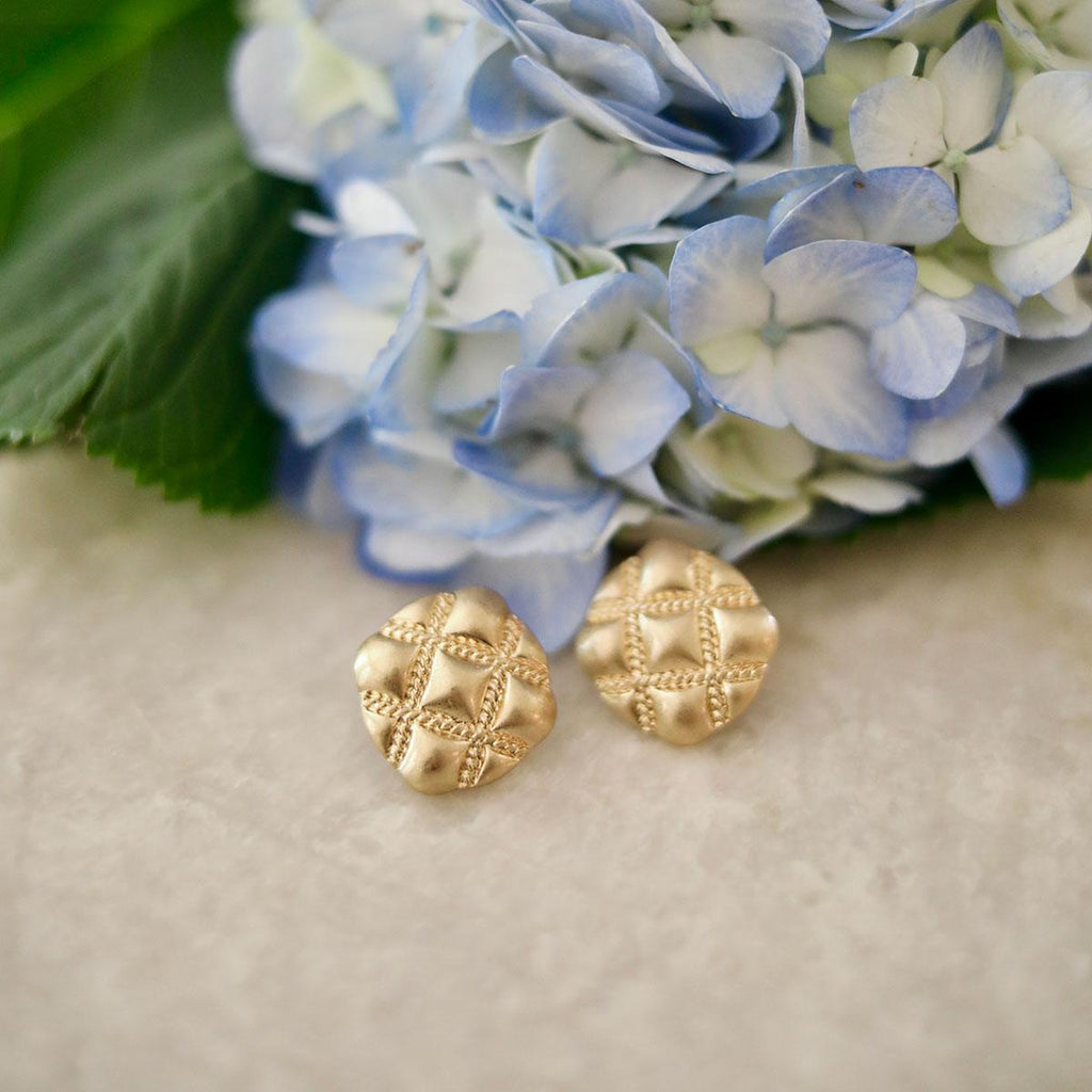Sunnie Quilted Metal Statement Stud Earrings in Worn Gold - Canvas Style