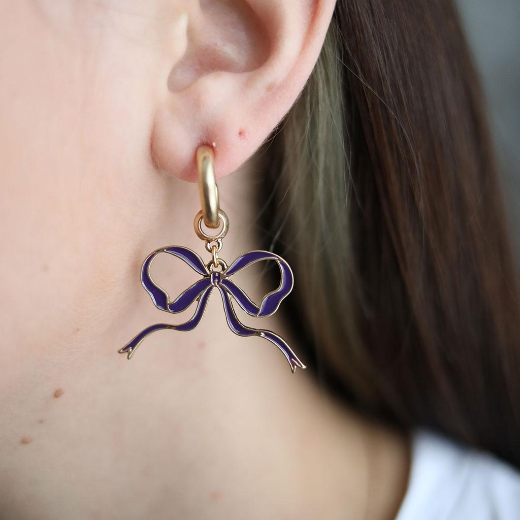 Veronica Game Day Bow Enamel Earrings in Purple - Canvas Style
